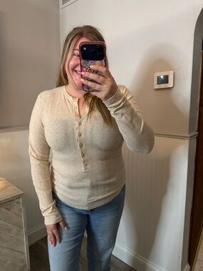 American Eagle Cream Henley Ribbed Long-Sleeve Top Size XL